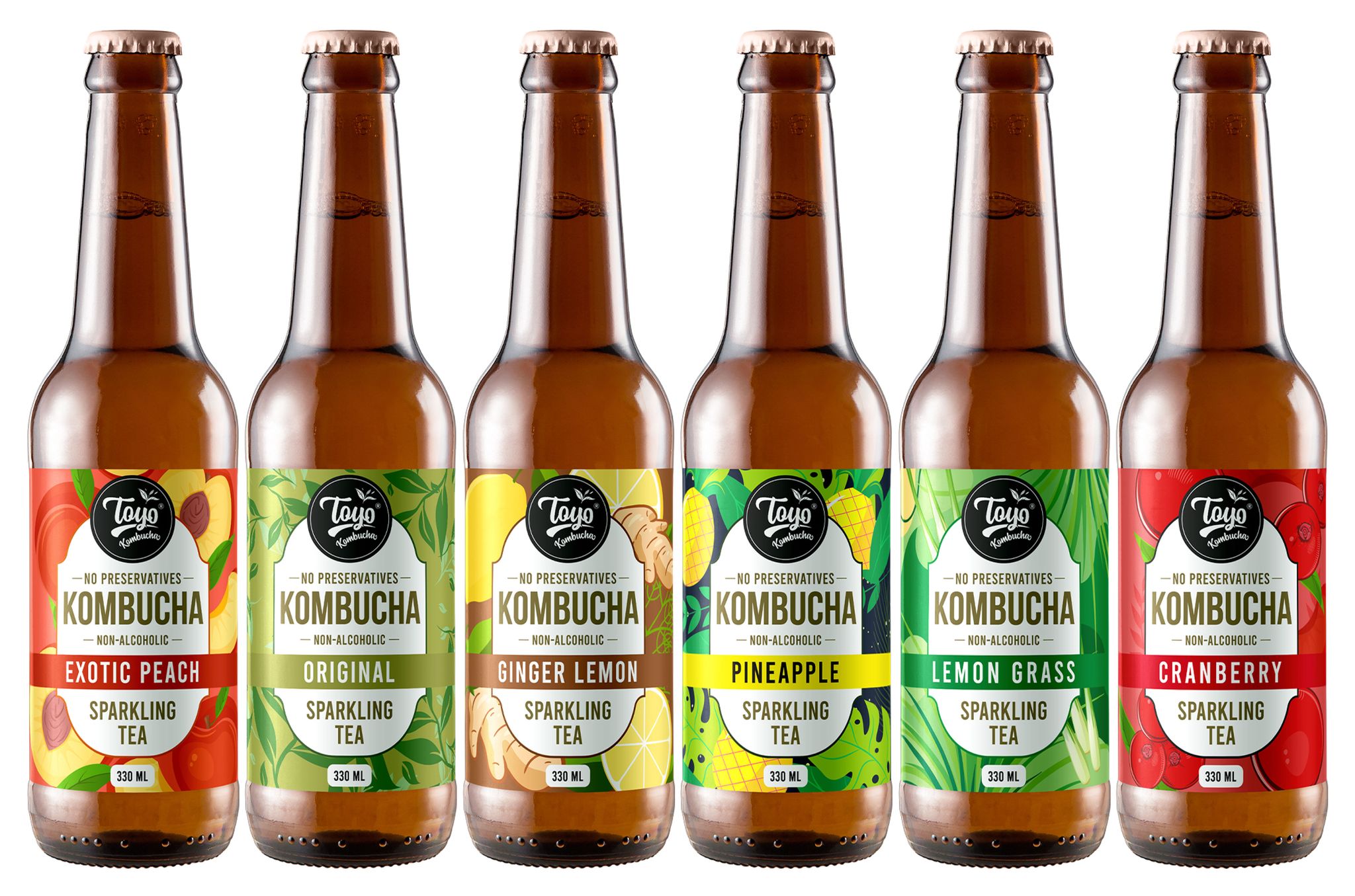 Toyo Kombucha - Sparkling Fermented Probiotic Tea Trial Pack | 330ml (Pack of 6) | Vegan, Gluten-Free | Includes Exotic Peach, Lemongrass, Ginger Lemon, Cranberry, Pineapple, Original (Variety Pack)