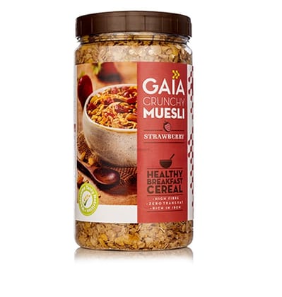 Gaia Crunchy Muesli- Strawberry. Power-Packed Low Calorie Healthy Breakfast. 1 Kg