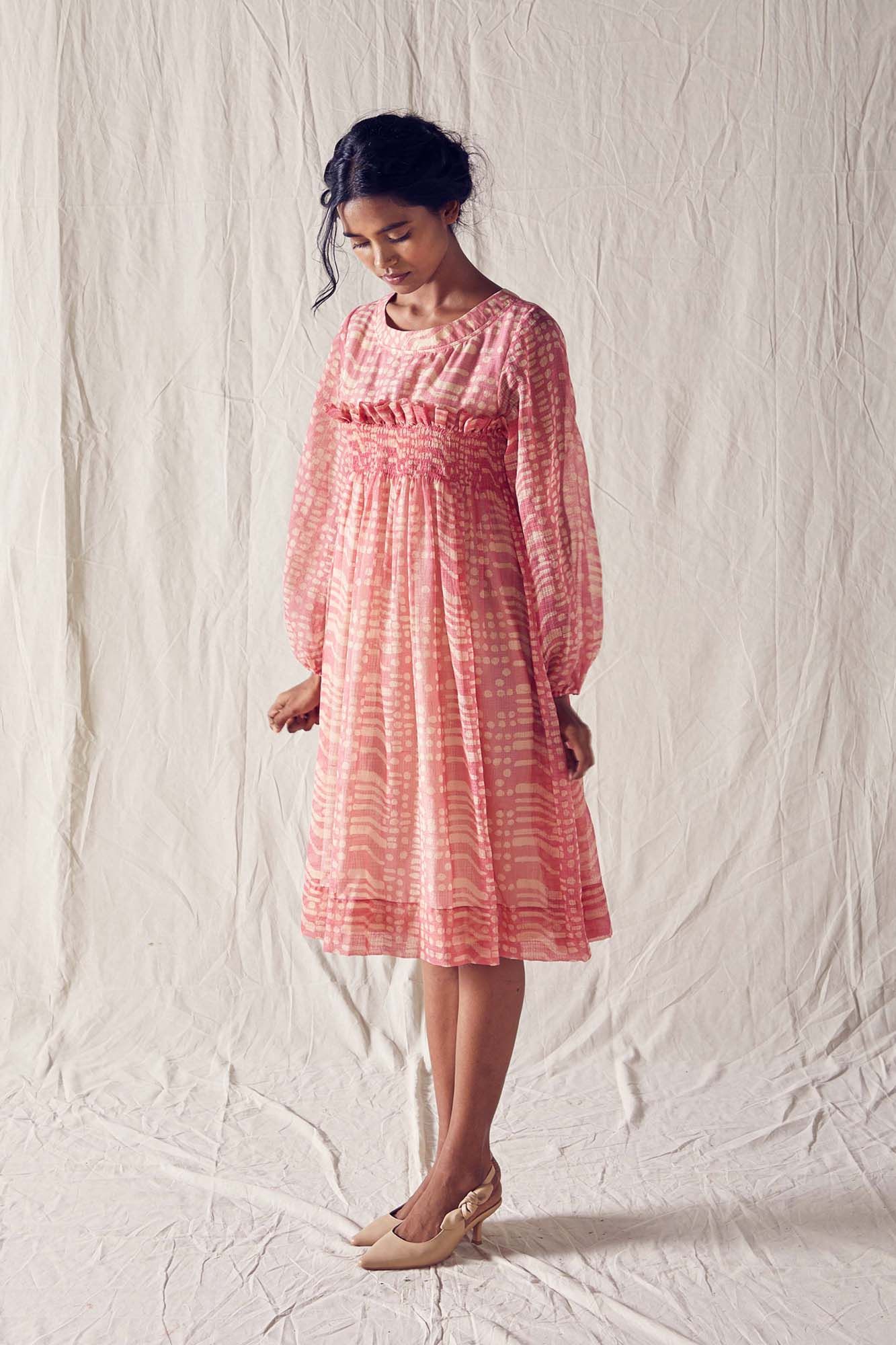 Dusted Pink Batik Smock Detail Dress In Handloom Kota Doria And Off White Checks Cotton Khadi Mulmul