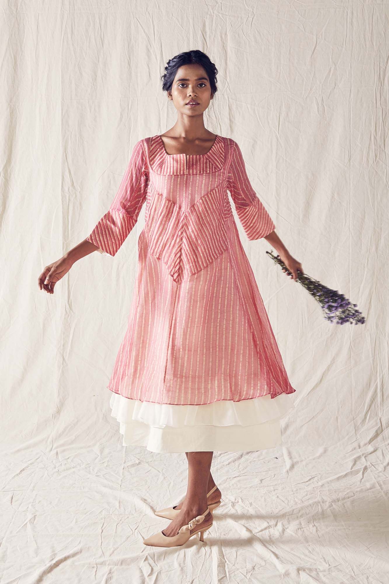 Dusted Pink Batik Layered Midi Dress On Handloom Kota Doria And Off White Checks Cotton Khadi Mulmul