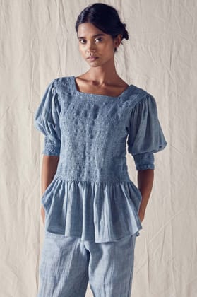 Indigo Smock Peplum Top In Organic Cotton