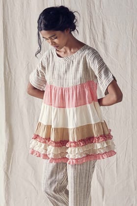 Ruffled Hemline Tunic In Striped Organic Cotton And Off White And Red Checks Cotton Khadi Mulmul