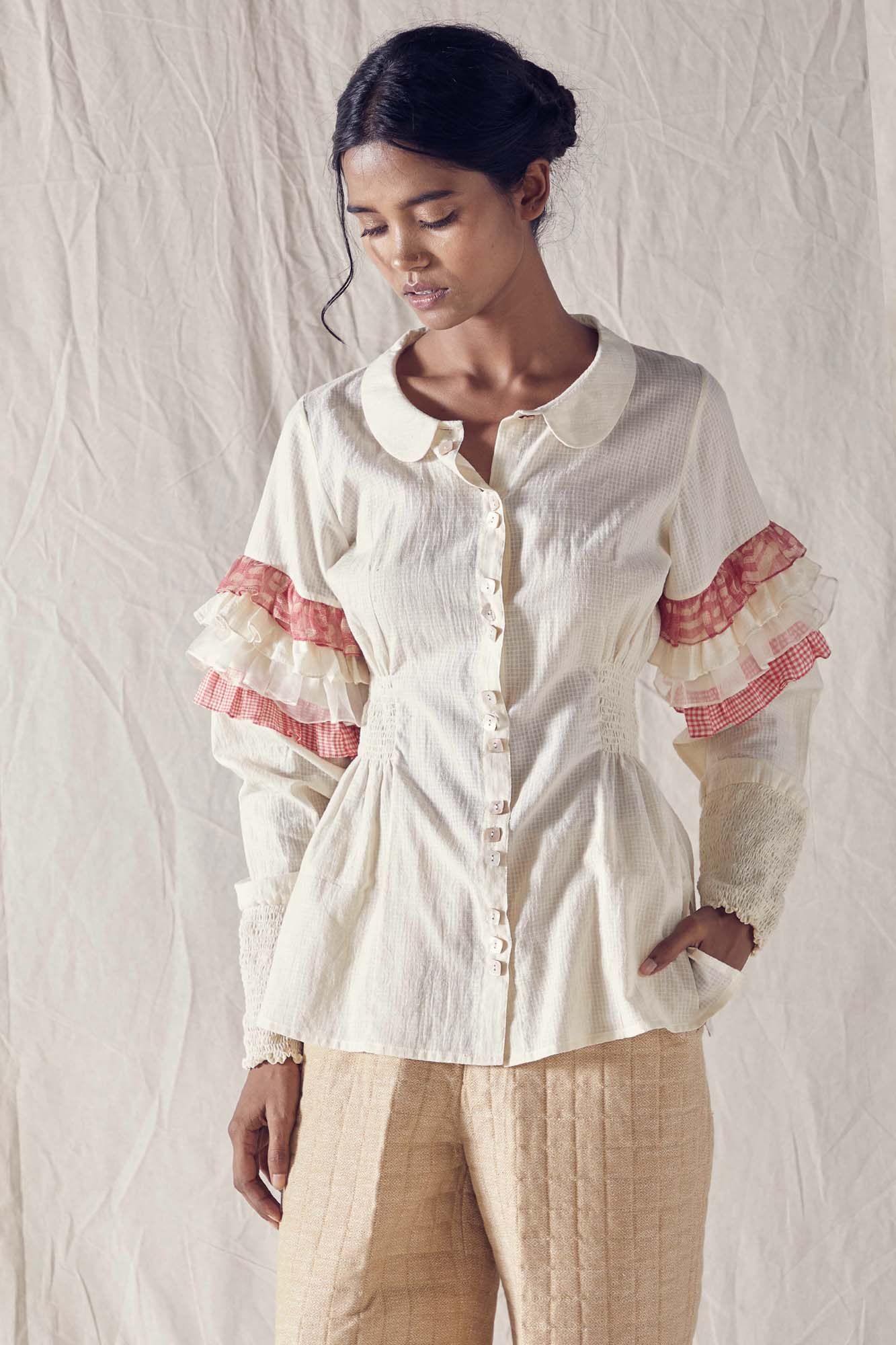 Ruffled Sleeve Shirt In Off White Cotton Khadi Mulmul