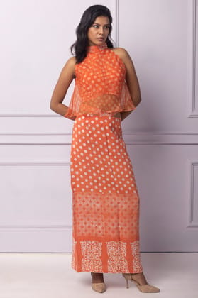 Orange Batik Printed Halter Neck With Organza Layer Top