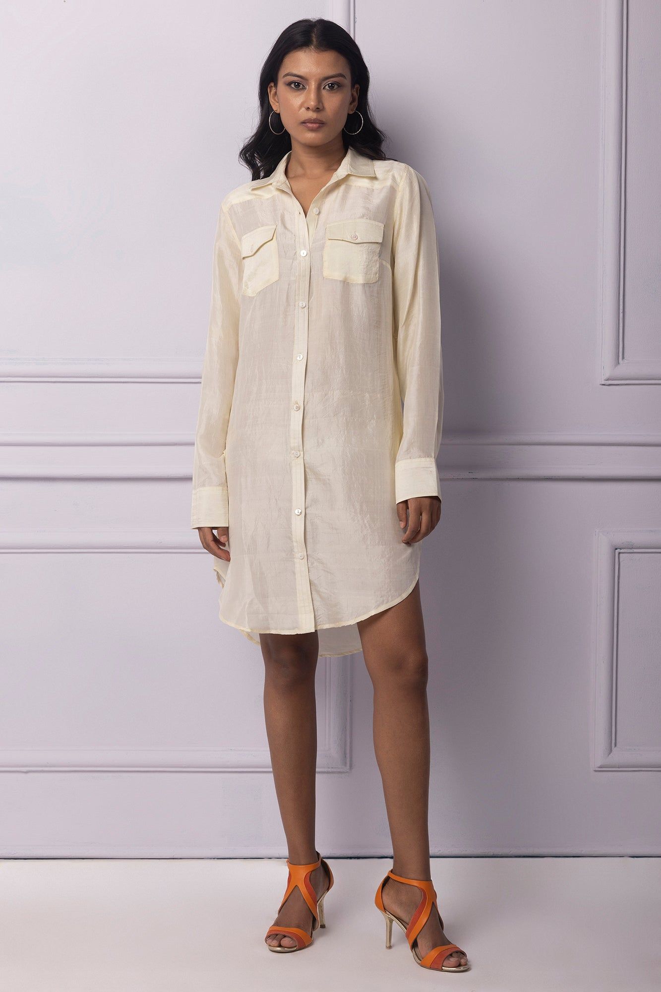 Off White Shirt Dress With Pockets Detailing