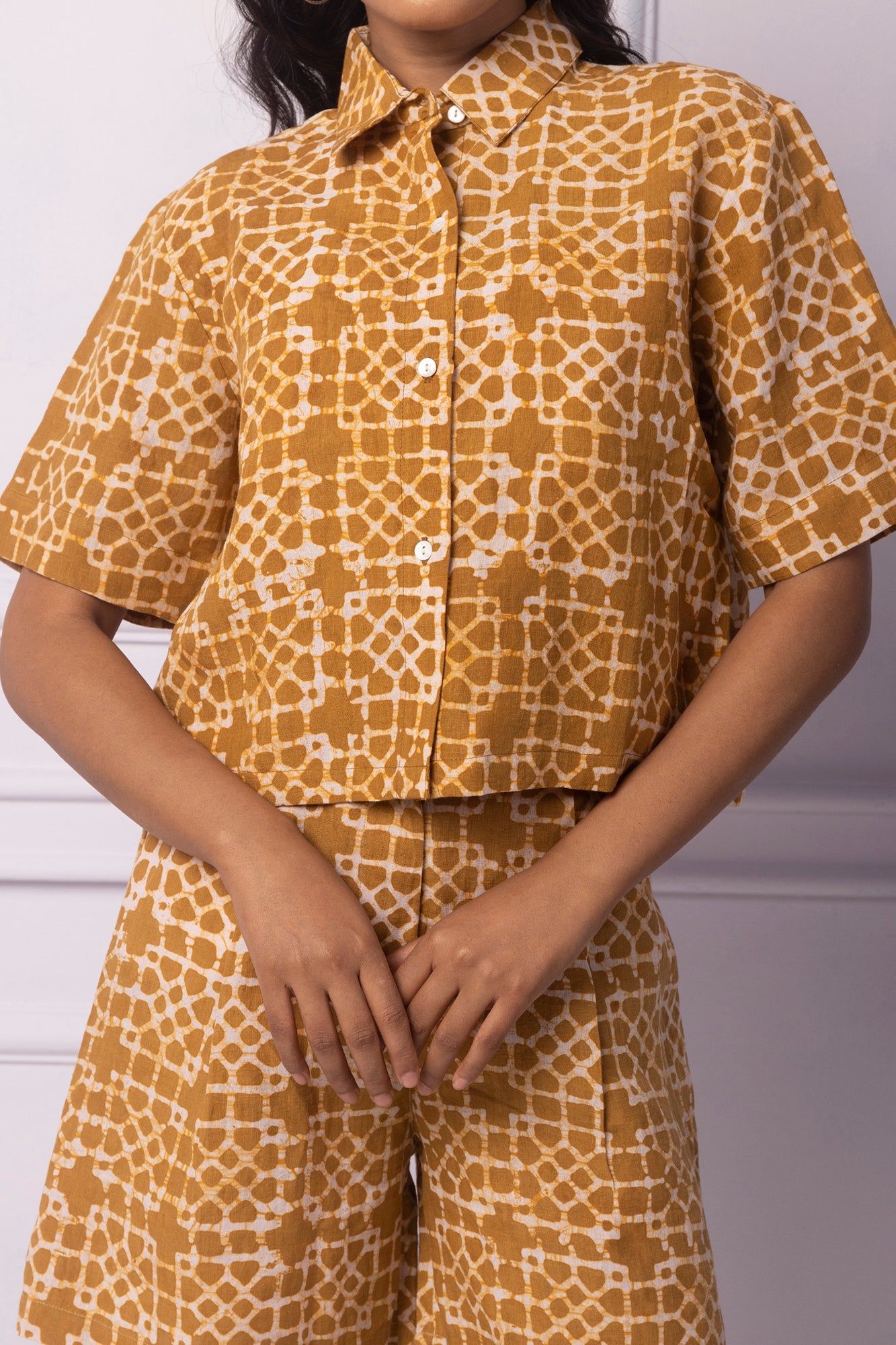 Muddy Yellow Batik  boxy crop Shirt