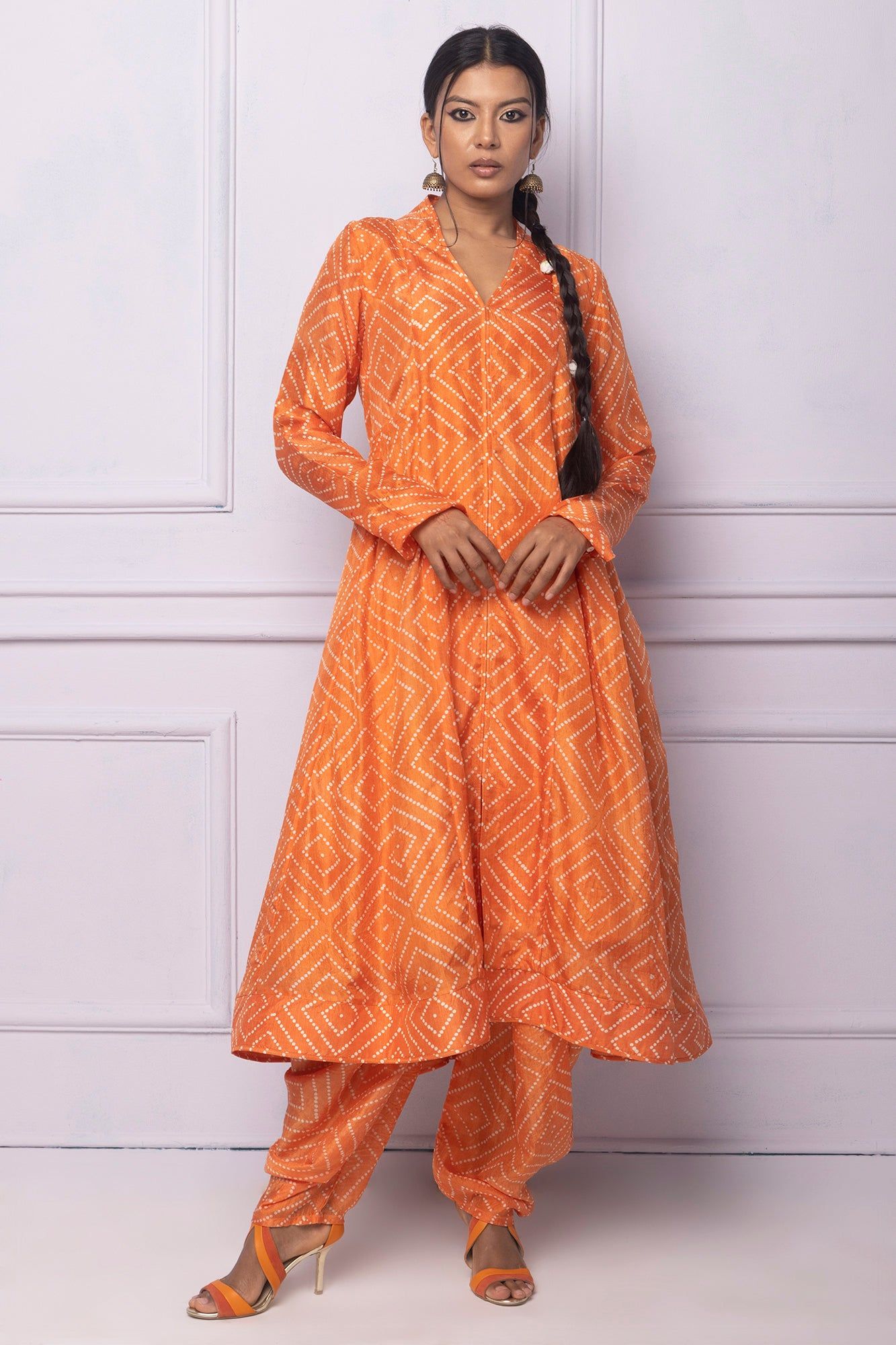 Orange Printed Silk A Line Kurti