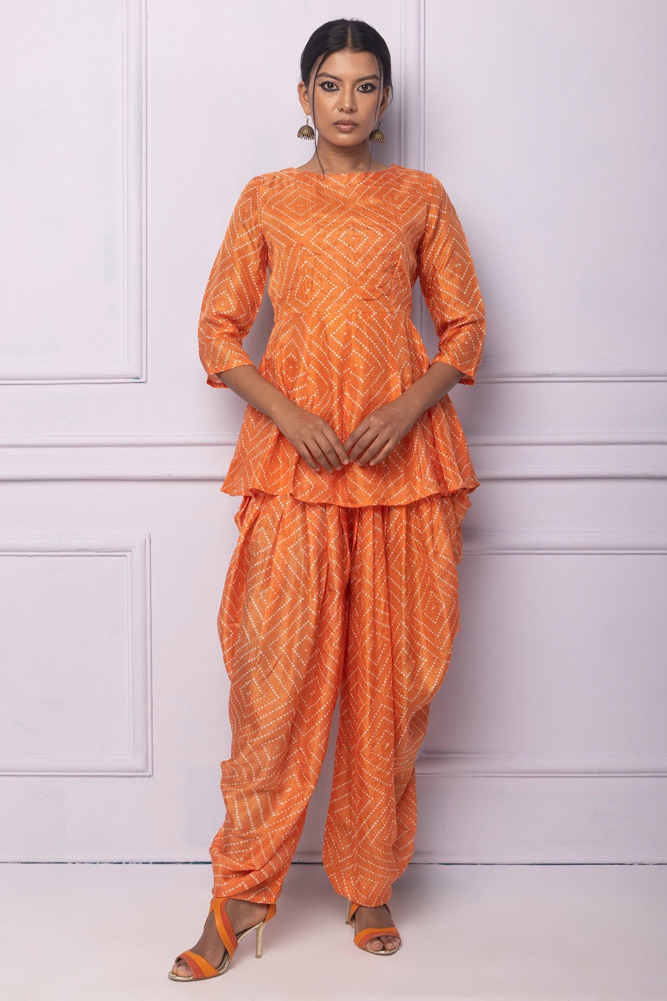 Orange Printed Dhoti Kurta Set