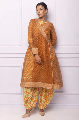 Muddy Yellow Organza Printed  Angrakha