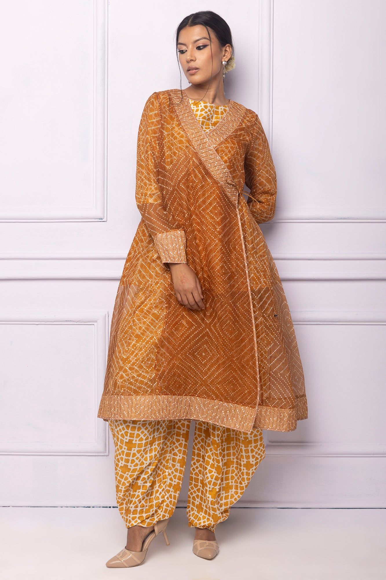 Muddy Yellow Organza Printed  Angrakha