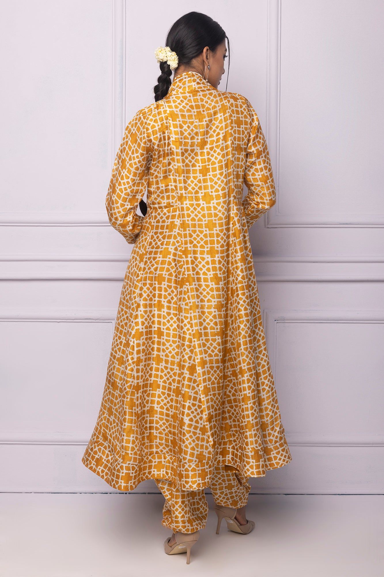 Muddy Yellow  Printed Silk A Line Kurti