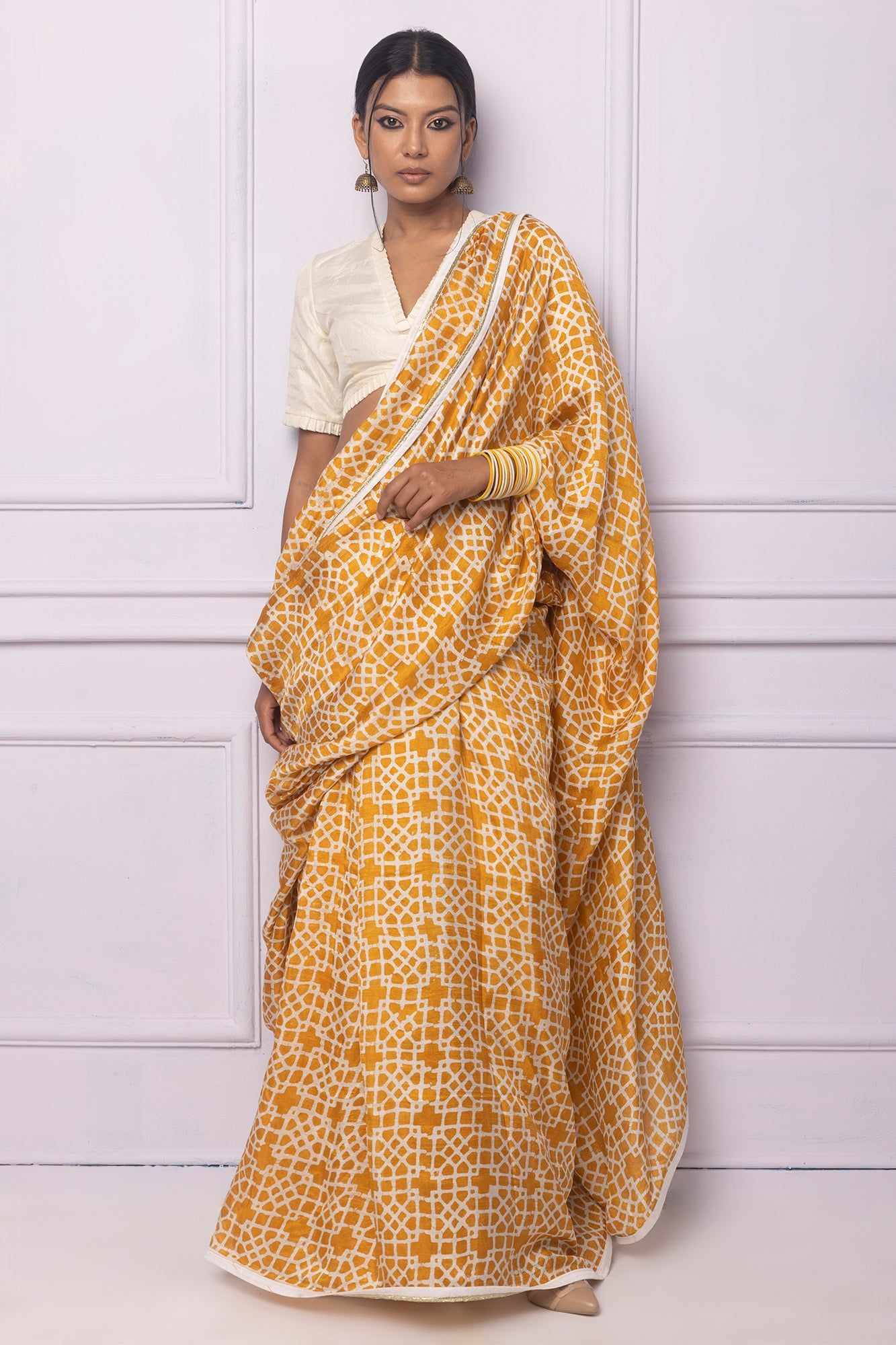 Muddy yellow Batik Printed Silk Saree