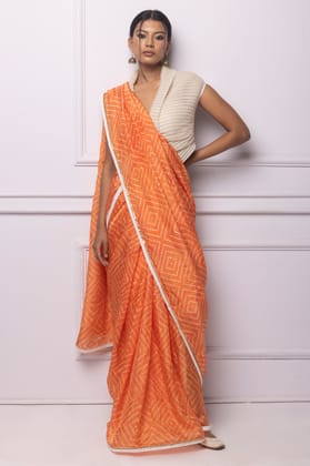 Orange Batik  Printed Silk Saree