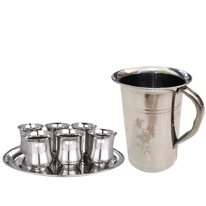 SHINI LIFESTYLE Stainless Steel Jug and Glass Set,Laser design damru glass, floral jug