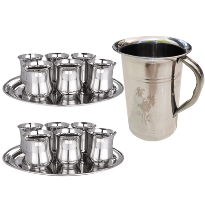 SHINI LIFESTYLE Stainless Steel Jug and Glass Set,12pc Laser design damru glass, floral jug