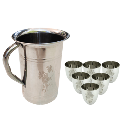 SHINI LIFESTYLE Steel floral design Jug and 6pc premium floral glass, Steel jug glass set