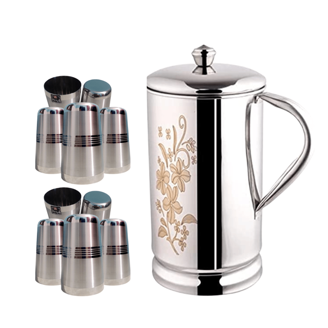 SHINI LIFESTYLE Stainless Steel Jug and Glass Set, 10pc Laser design glass, floral jug with lid