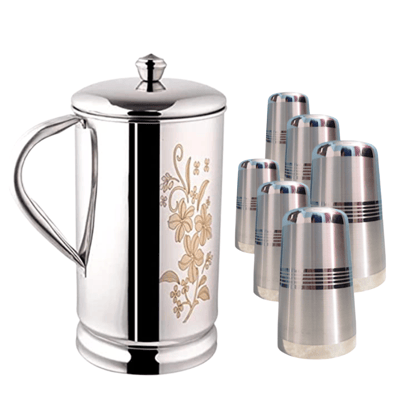 SHINI LIFESTYLE Stainless Steel Jug and Glass Set Laser design glass floral jug with lid