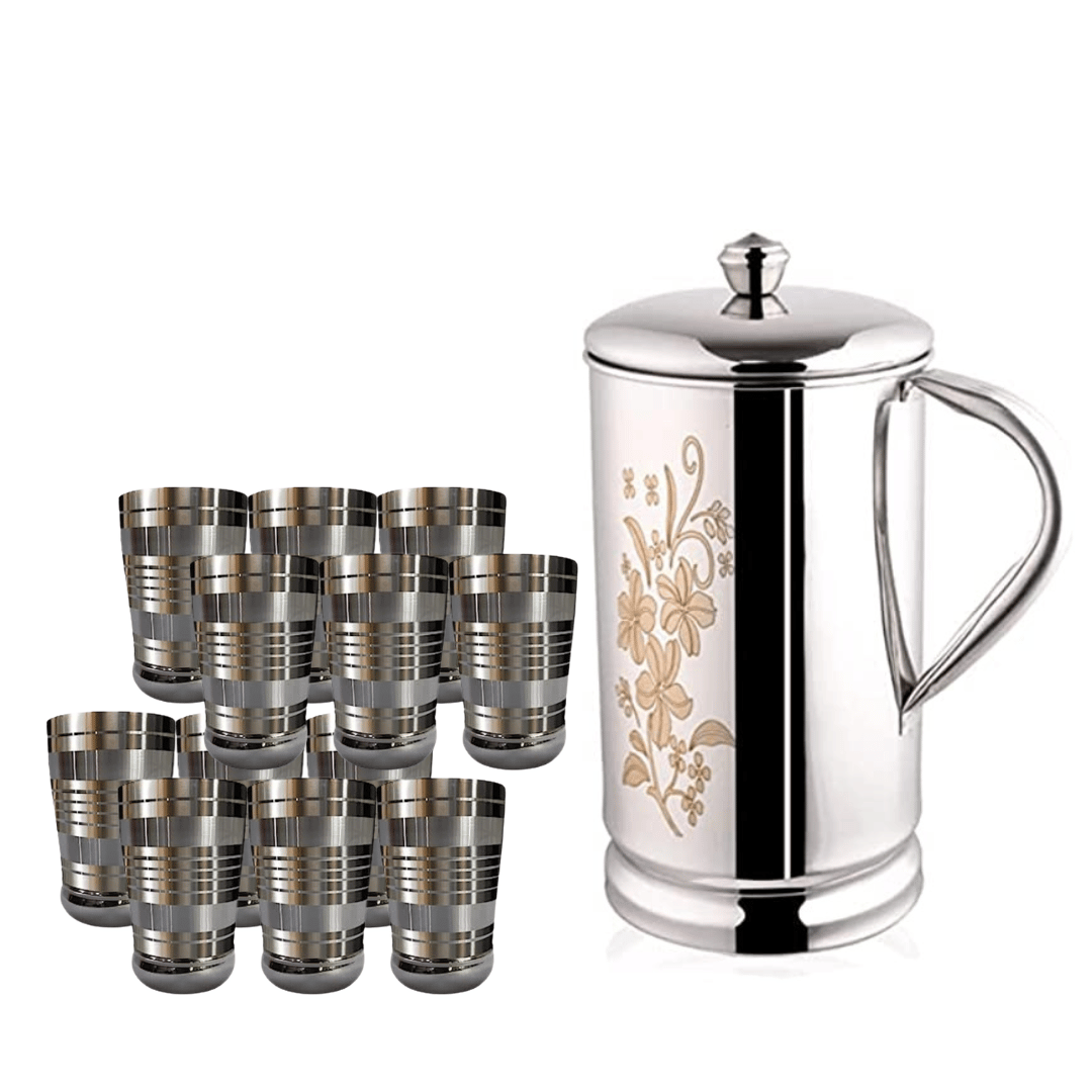 SHINI LIFESTYLE Steel floral design Jug and 12pc steel glass, Steel jug glass set, glass jug