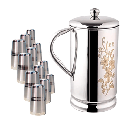 SHINI LIFESTYLE Stainless Steel Jug and Glass Set, 12pc Laser design glass, floral jug with lid