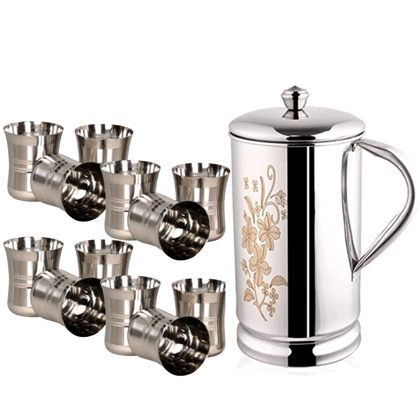 SHINI LIFESTYLE Steel floral design Jug and 12pc Laser design damru style glass, floral jug with lid