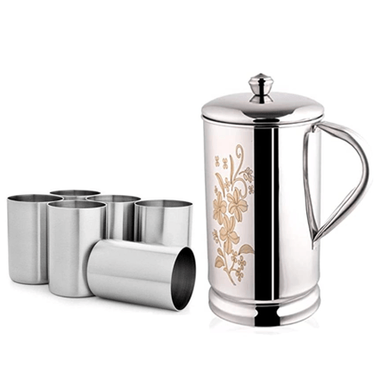 SHINI LIFESTYLE Steel floral design Jug with lid and 6pc premium quality glass, jug glass set