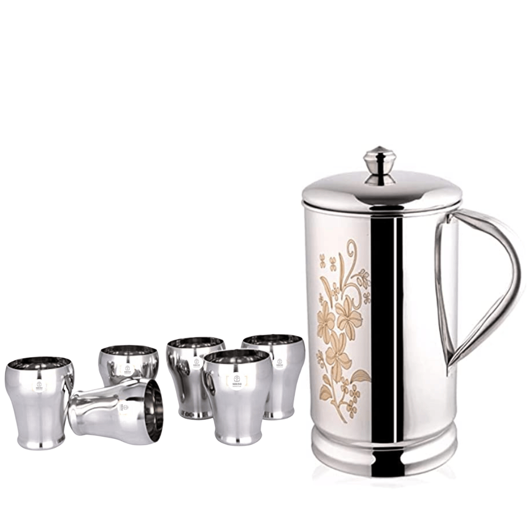 SHINI LIFESTYLE Steel floral design Jug with lid and 6pc premium matka glass, Steel jug glass set