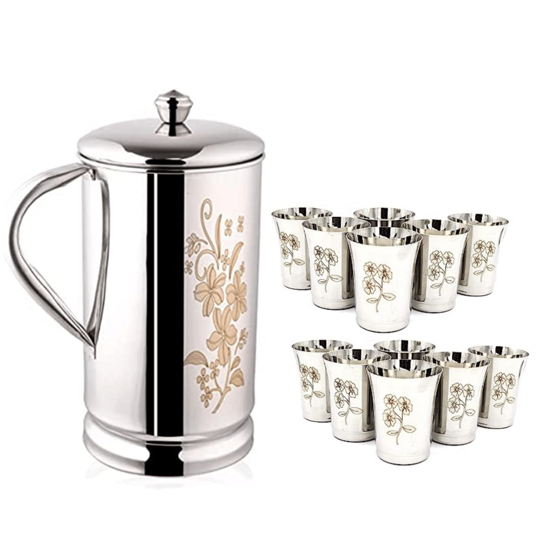 SHINI LIFESTYLE Steel floral design Jug with lid and 12pc Laser floral design glass, jug glass set