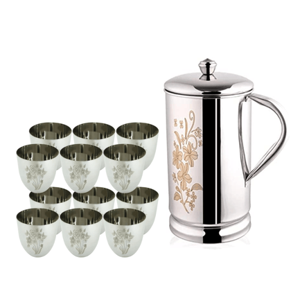 SHINI LIFESTYLE Steel floral design Jug with lid and 12pc premium floral glass, Steel jug glass set