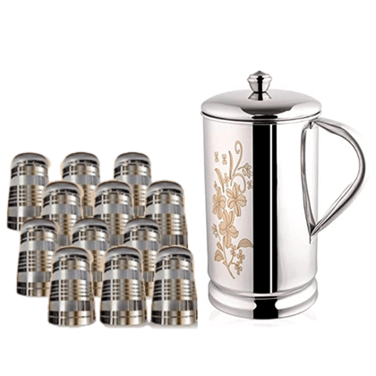 SHINI LIFESTYLE Steel floral design Jug with lid and 12pc steel glass, Steel jug glass set, glass jug