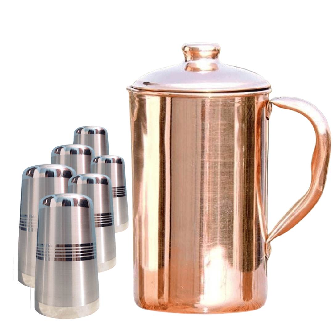 SHINI LIFESTYLE Pure Copper Jug and Premium quality steel Glass set,Water Jug,gilas set 7PC