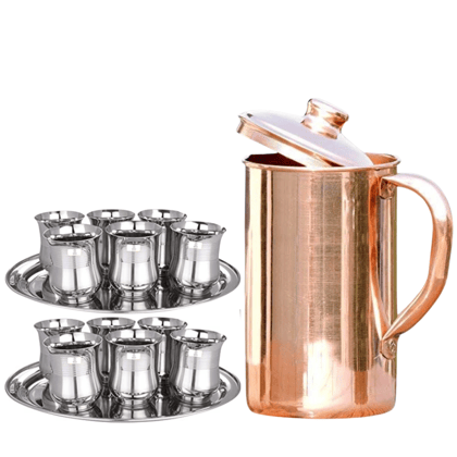 SHINI LIFESTYLE Pure Copper Jug Set and Premium steel Glass set,Water Jug,gilas set 13PC