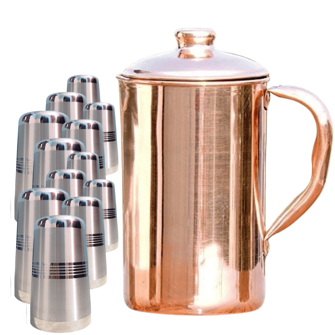SHINI LIFESTYLE Pure Copper Jug Set or Premium quality steel Glass set,Water Jug,gilas set 13PC