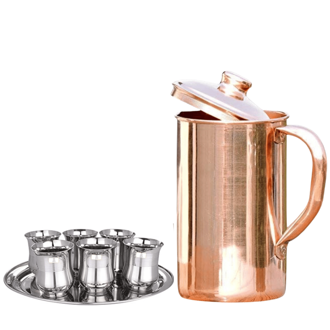 SHINI LIFESTYLE Pure Copper Jug and Premium quality steel Glass set,Water Jug,gilas set 7PC