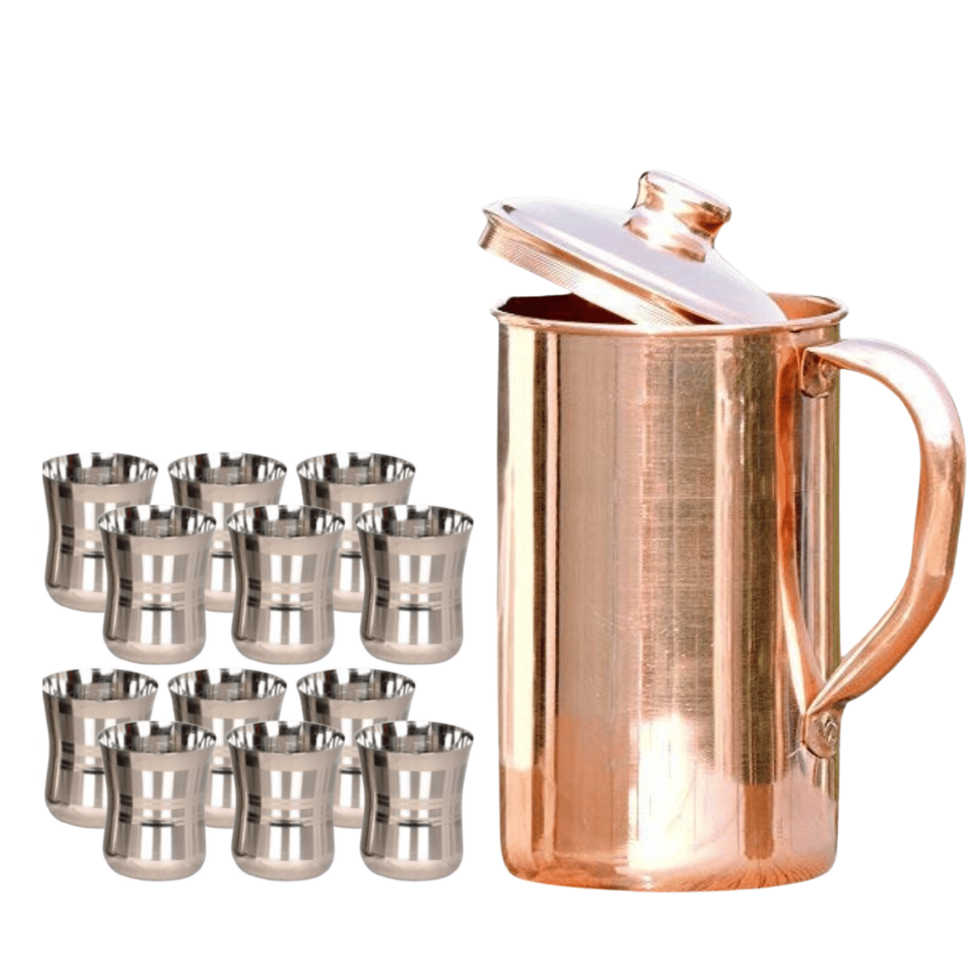 SHINI LIFESTYLE Copper Jug Set and Premium quality steel Glass set,Water Jug,gilas set 13PC