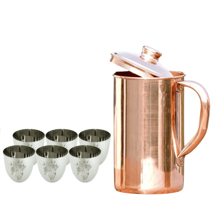 SHINI LIFESTYLE Pure Copper Jug Set and Premium quality steel Glass set,Water Jug,gilas set 7PC