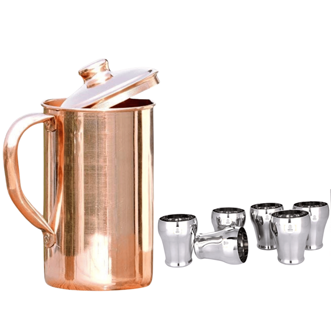 SHINI LIFESTYLE Pure Copper Jug Set and Premium quality steel Glass set,Water Jug,gilas set