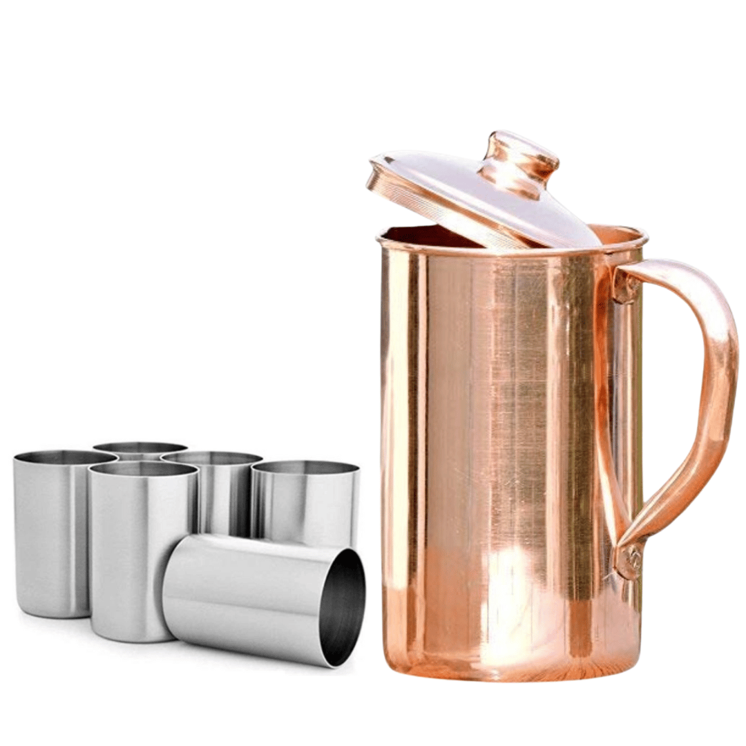 SHINI LIFESTYLE Pure Copper Jug Set and best quality steel Glass set,Water Jug,gilas set 7PC