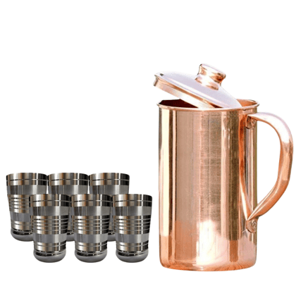 SHINI LIFESTYLE Pure Copper Jug Set and Premium quality steel Glass set,gilas set 7PC,Water Jug