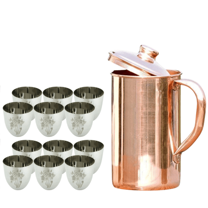 SHINI LIFESTYLE Pure Copper Jug Set and Premium quality steel Glass set,Water Jug,gilas set 13PC