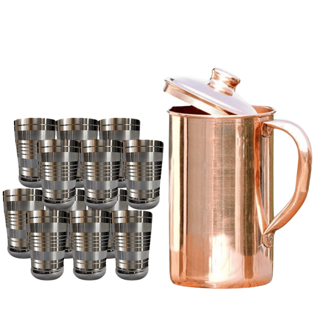 SHINI LIFESTYLE Pure Copper Jug Set and Premium quality steel ,gilas set 7PC Glass set,Water Jug