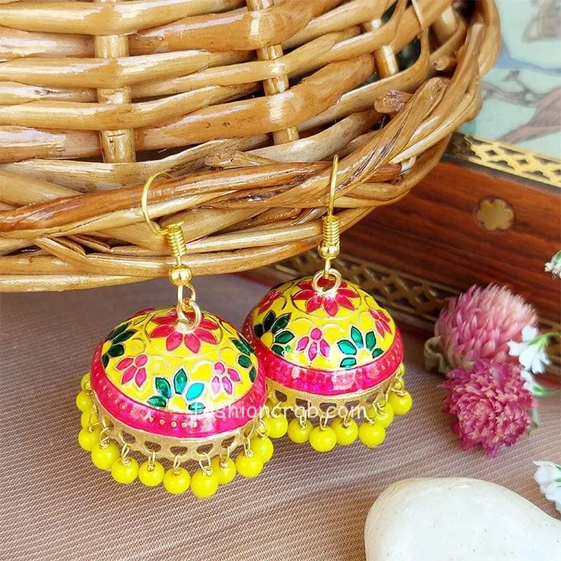 Flamingo Jhumka earrings with Yellow threads  Desi Royale