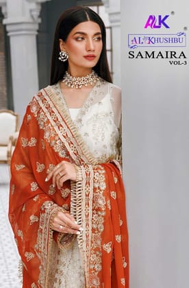 AL KHUSHBU OFF WHITE ORANGE GEORGETTE DESIGNER PARTYWEAR PAKISTANI SALWAR KAMEEZ LADIES SUIT