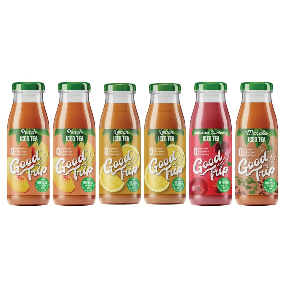 Good Trip Refreshing Brewed Black & Green Iced Tea, Trial Pack, 6 Glass Bottles-Peach, Lemon, Hibiscus Cranberry, Masala Tea Flavors