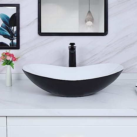 24.5'' X 13.8'' Matte Black Oval Vessel Sink with Pop Up Drain,Boat Shape Bathroom Vessel Sink,Bathroom Sinks Above Counter,Ceramic Vessel Sink,Matte Black and White Vessel Sink for Bathroom