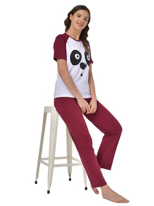 Klamotten Women's White Maroon Raglan Sleeves Top Pyjama Set  GM04M