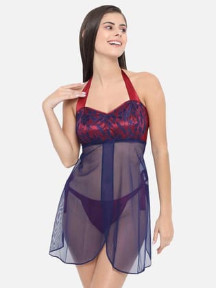 Hot Bridal Maroon Net Babydoll Honeymoon Bikini & Night Dress With Panty-B33M-S-10XL