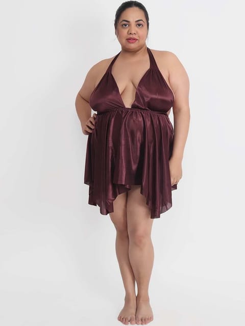 Asymmetrical Maroon Satin Bridal Sexy Babydoll Dress Nightwear at