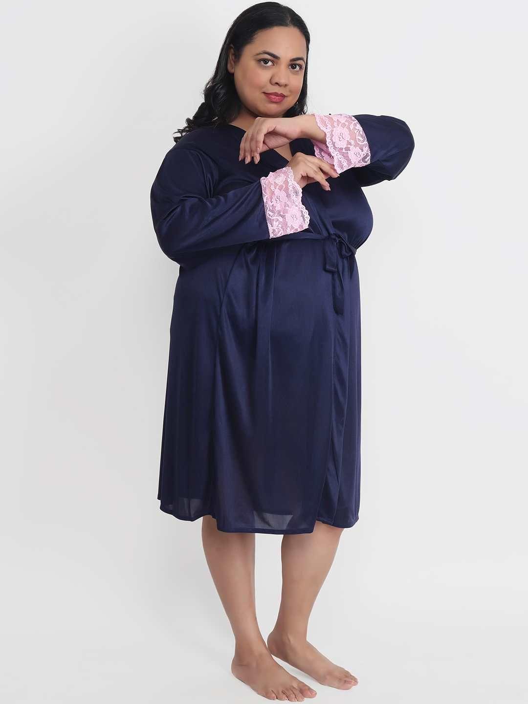 Plus Size Sexy Solid Satin Navy Blue Robe for Honeymoon BB209N