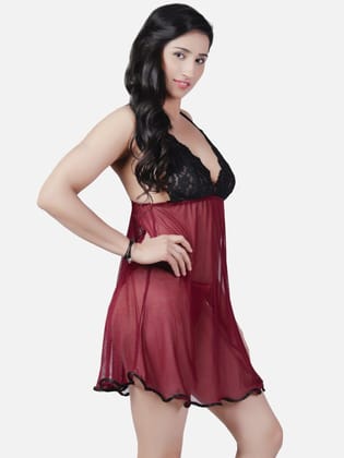 Hot Net Honeymoon Wine Babydoll Bikini Night Dress K4KW